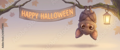 Cute big-eyed cartoon bat hanging upside down on a tree branch next to a Happy Halloween banner and glowing lantern.