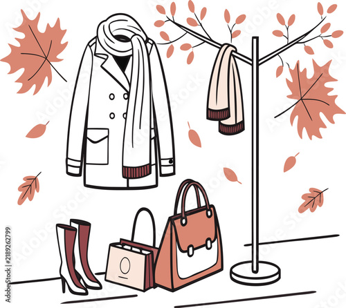Fall Fashion Sale Collection with Clothing and Autumn Leaves