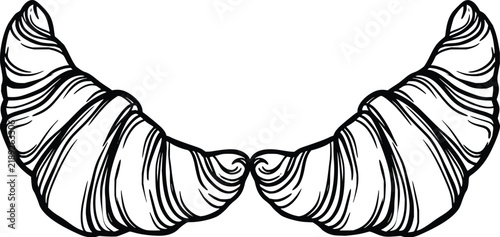 Hand drawn illustration of two delicious flaky croissants arranged symmetrically isolated on a white background