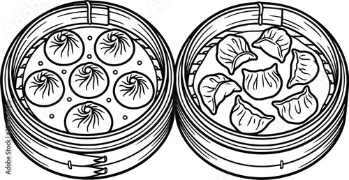 Black and white line art illustration of two bamboo steamers filled with various traditional chinese dumplings
