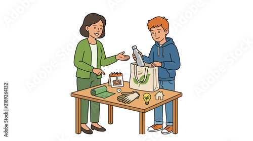 Teacher and student preparing for school recycling event