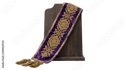 Vintage purple velvet stole with gold embroidery, ornate religious clerical vestment, traditional ecclesiastical sash with tassels isolated PNG with Transparent Background