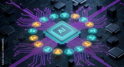 Obraz na płótnie Central processing unit with glowing circuit board connections representing advanced artificial intelligence and digital data computing