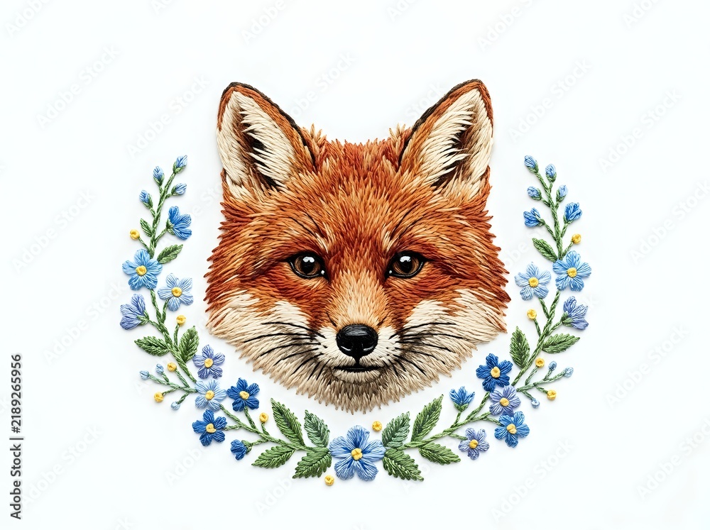 Obraz premium Red fox head with striking amber eyes surrounded by delicate blue flowers and green foliage in decorative botanical arrangement