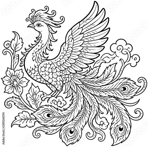 Принти на полотні Phoenyx Bird Illustration with Flowers for Fantasy Art