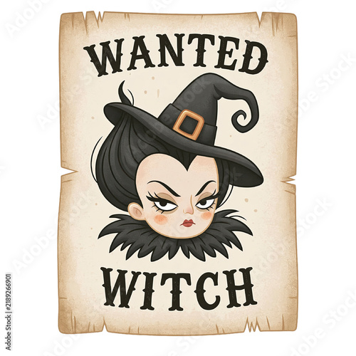 Wanted witch poster featuring cartoon female character with angry expression aged clipart isolated on transparency background