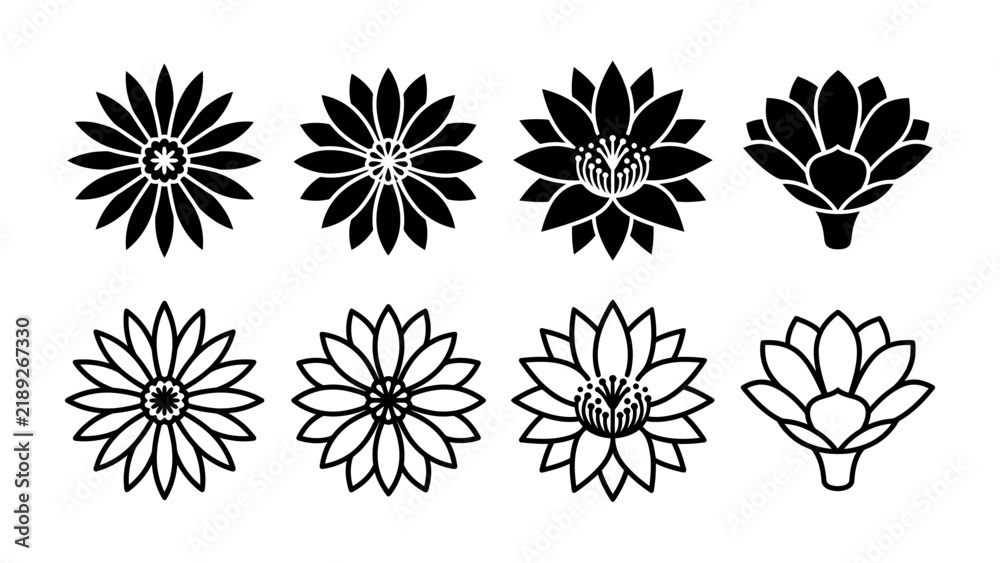 Obraz premium Flower Icons: A collection of stylized flower icons, presented in both black silhouette and outline forms, showcasing decorative floral patterns for graphic design use.