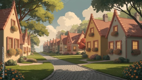 A hand-drawn illustration of a lush green residential area.
