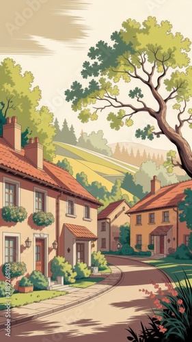 A hand-drawn illustration of a lush green residential area.