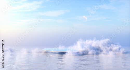 Natural beauty podium backdrop for product display with dreamy sky background. Romantic 3d scene.