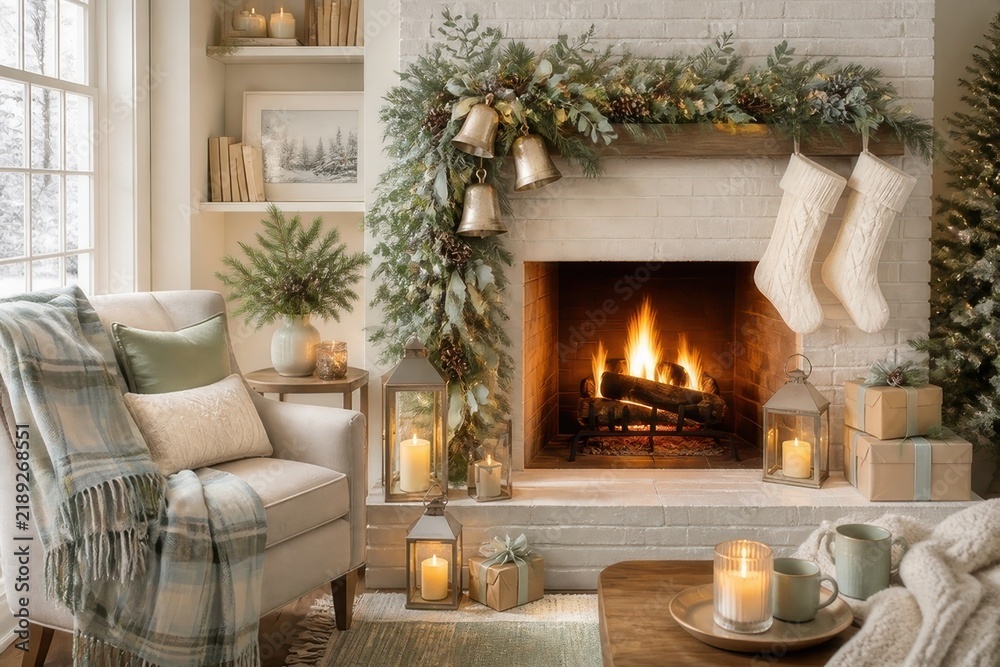Obraz premium Cozy Christmas living room with fireplace and festive decor