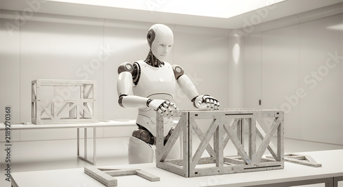 A humanoid robot assembles a recycled material module in a minimalist white lab. Conceptual artwork for sustainable manufacturing and eco-friendly technology.