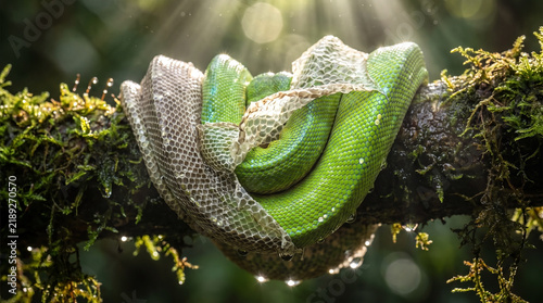Obraz na plátně Close up of a vibrant green tree snake shedding its skin on a mossy branch in a