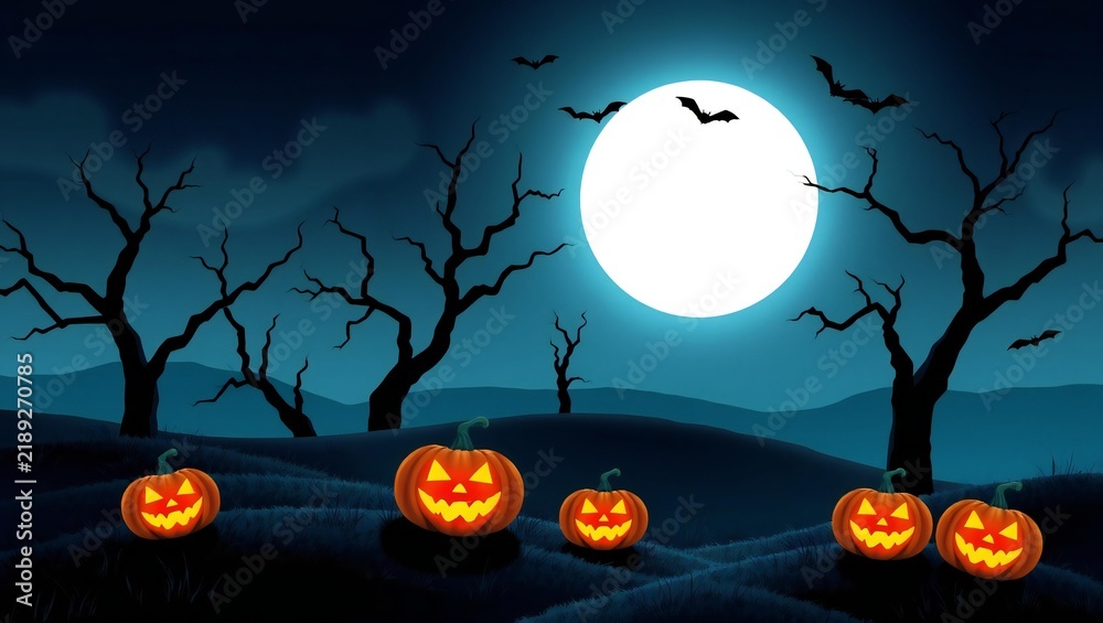 Fototapeta premium Spooky halloween night scene with glowing pumpkins and bats under a full moon in a dark forest