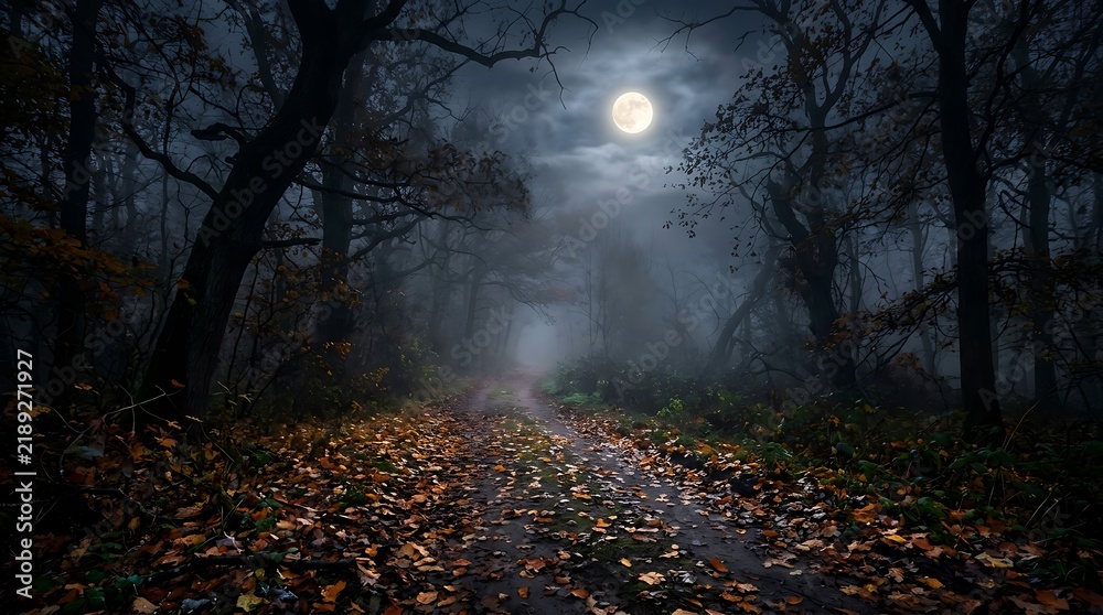 Obraz premium Misty autumn forest road with full moon light on a spooky dark night.