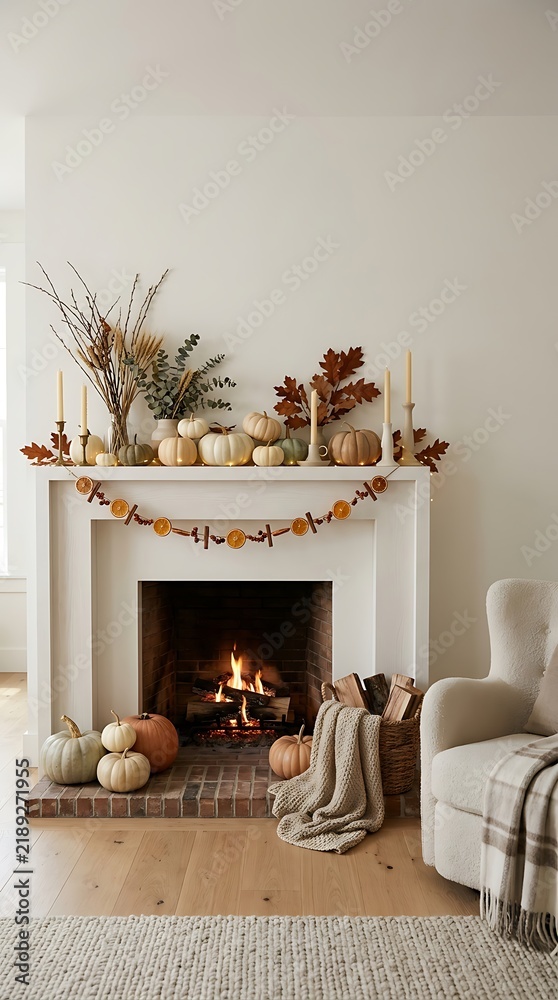 Obraz premium Warm fireplace decorated with pumpkins for cozy autumn evenings.