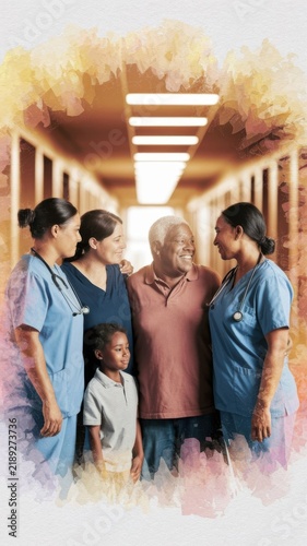 A hand-drawn watercolor illustration depicting a multi-generational family and healthcare workers standing side by side.
