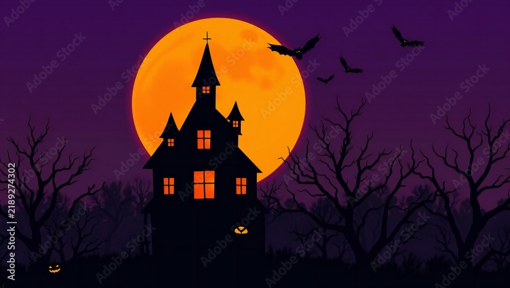 Fototapeta premium Haunted house silhouette with scary bats and a large full moon at night