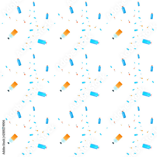 Seamless pattern of scattered colorful potion bottles on black background