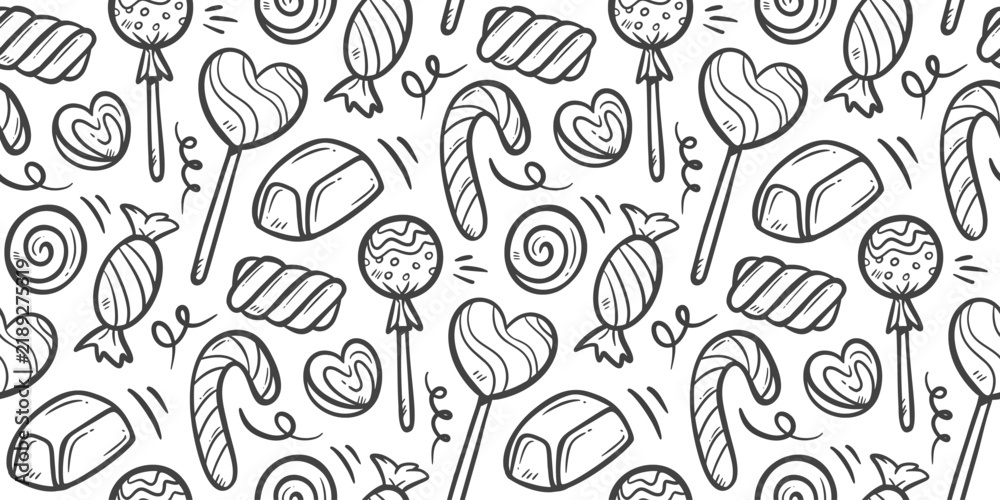 Fototapeta premium Candy doodle background. Sweet pattern background. Lollipop seamless pattern. Confectionery hand drawn pattern with various candy shapes including candy cane, swirl, lollipop.