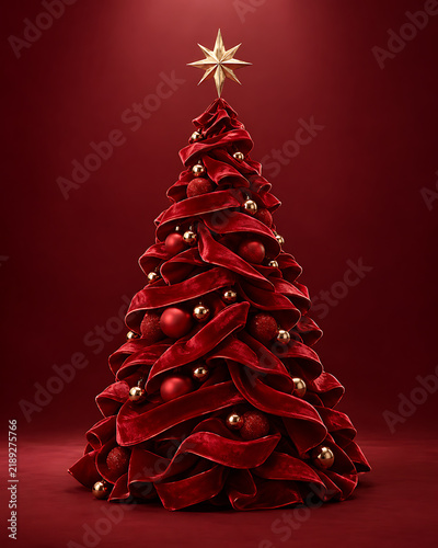 Elegant christmas tree decorated with red velvet ribbons and gold ornaments on a dark red background