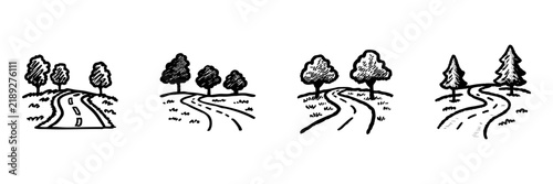Road With Trees Hand Drawn Doodle Icon Set. Rural And Natural Road Scenes Sketch Symbol Collection. Nature And Travel Landscape Outdoors. Isolated Vector Illustration