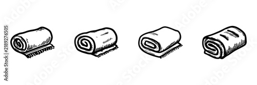 Rolled Towels Hand Drawn Doodle Icon Set. Clean Towels And Bath Linens Storage Sketch Symbol Collection. Bathroom Decor And Spa Wellness Industry. Isolated Vector Illustration