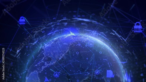 Digital Globe with Illuminated Padlock Icon Representing Global Security Network Connection. World Network Lock Protection, Cyber Defense, and Data Privacy Concept. Futuristic 3D  4K Motion.
