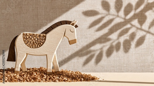 Warm earth-tone still life of a handcrafted wooden toy horse on wood shavings, with sunlit leaf shadows cast on a rustic linen background, evoking artisan craft.