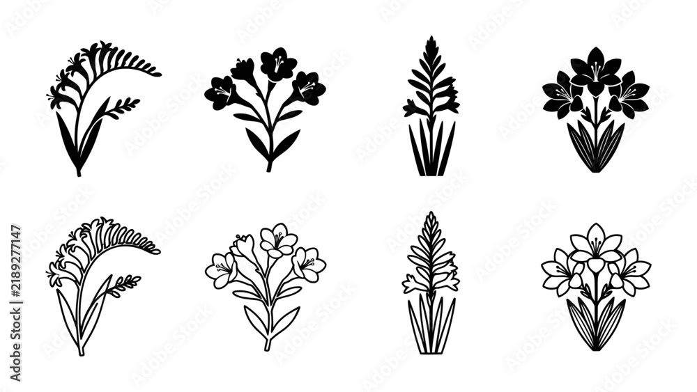 Obraz premium Floral Silhouettes: A collection of elegant floral silhouettes, featuring distinct botanical illustrations of various flowering plants, presented in a graphic, artistic style.