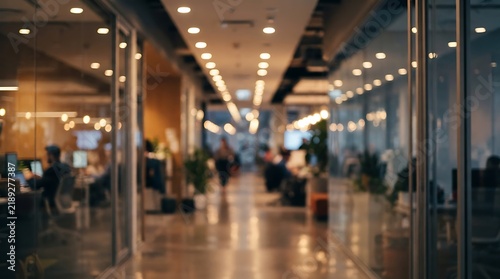 Blurred view of a modern corporate office hallway with glass partitions and desks