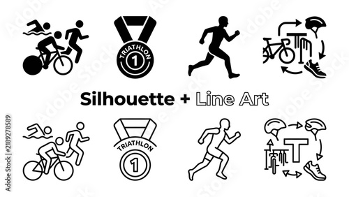 Triathlon Sport Icons: A collection of minimalist silhouette and line art icons representing the different disciplines of a triathlon race, including swimming, cycling, and running.