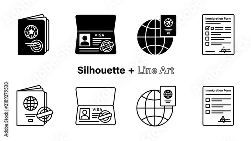 Passport and Visa Icons: A set of graphic icons representing passports, visas, and immigration forms, presented in both silhouette and line art styles.