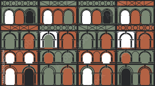 Fotografie Architectural arches pattern in green red and white repeating facade design geom