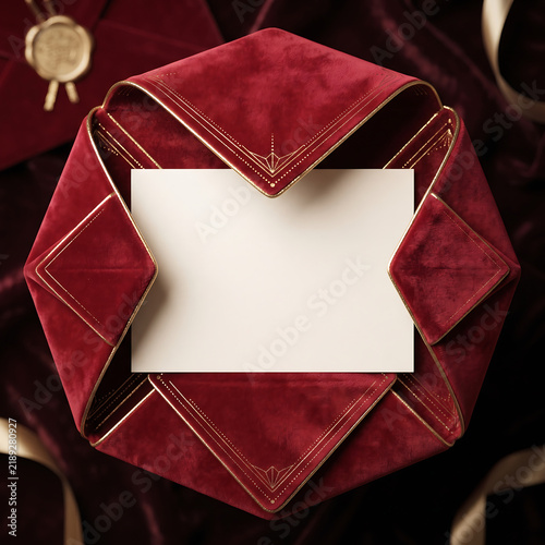 Elegant blank invitation card inside a luxurious dark red velvet envelope with gold trim details