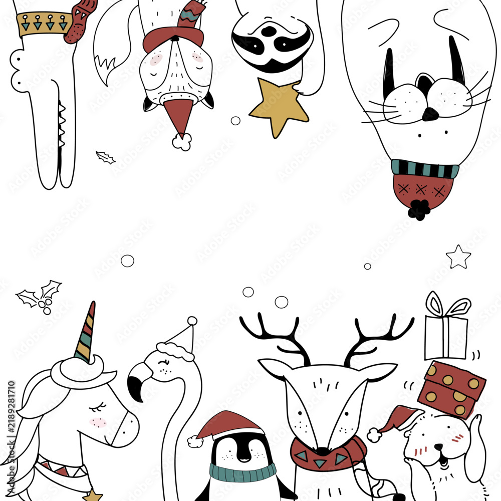 Obraz premium Hand drawn animals enjoying a Christmas holiday