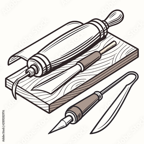 Bild auf Leinwand A hand drawn line of pottery tools including a wooden board and sculpting implem