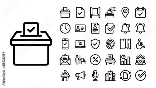 Foto Election icons: A collection of clean, modern line art icons representing various aspects of the electoral process and civic engagement, perfect for digital design and information graphics