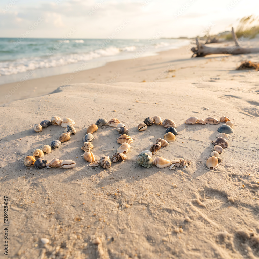Obraz premium The year 2027 spelled out with various seashells on a sandy beach during a beautiful sunset