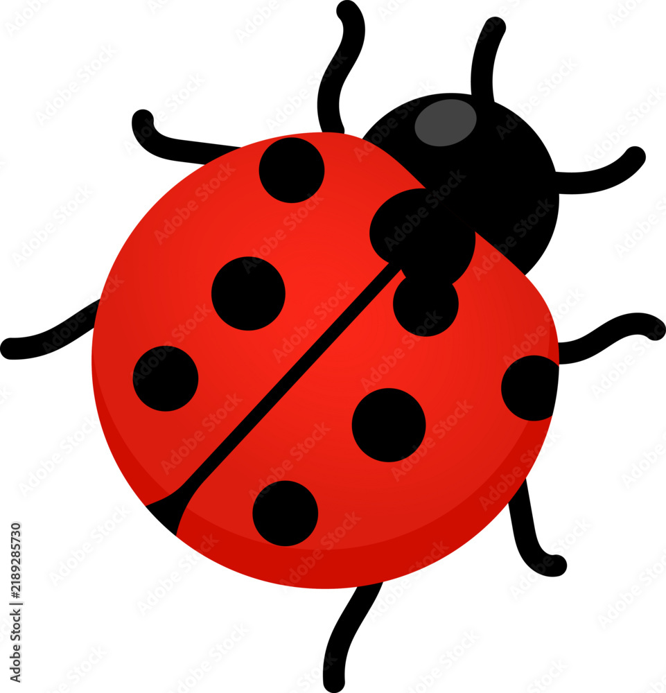Obraz premium Red ladybug illustration with black spots, curved antenna, and six legs, isolated on, creating playful insect symbol for nature education