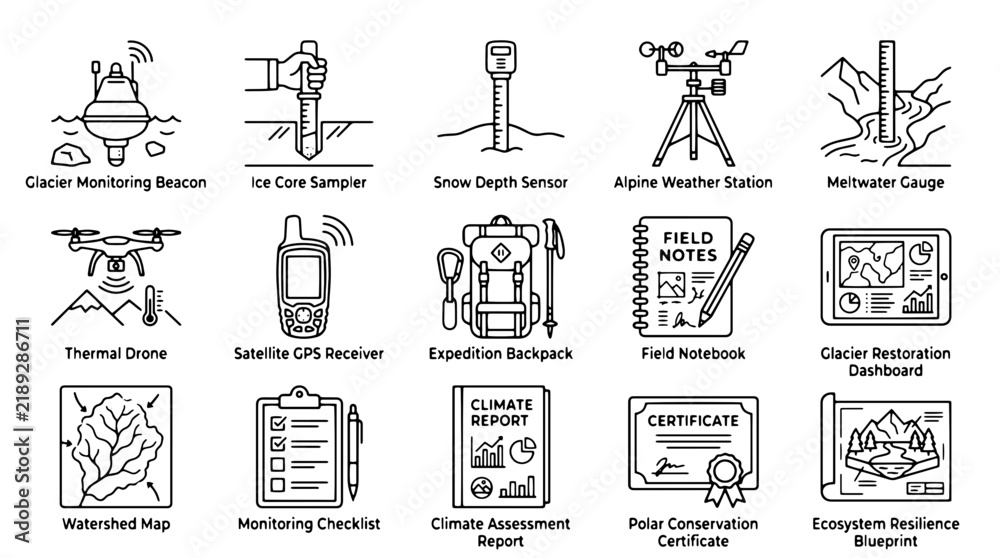 Fototapeta premium Climate research line icons, 15 glacier monitoring and polar expedition symbols, environmental science equipment vector set for global warming analysis.