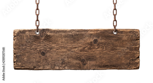 Rustic weathered wooden sign hanging from metal chains on a white background for copy space