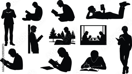 People Reading Books Silhouettes Collection.