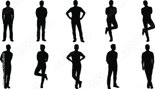 Set of Standing Male Silhouettes in Various Poses.