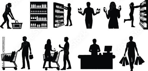 Shopping and Retail Silhouettes Set with Customers and Store.
