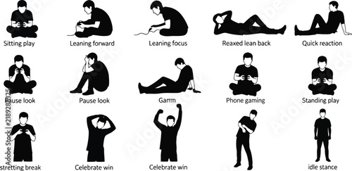 Gamer Silhouette Set Featuring Gaming Poses and Actions.