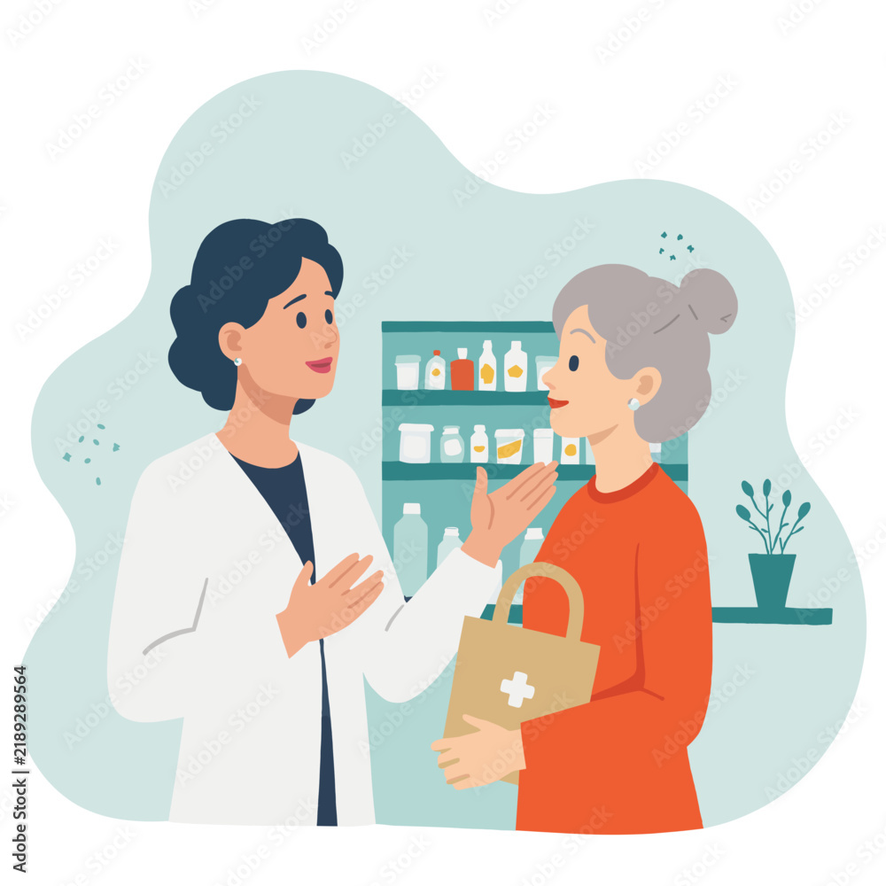 Fototapeta premium Doctor consulting with elderly woman in a pharmacy setting. Elderly set 