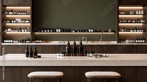 Modern apothecary skincare interior with amber dropper bottles and cosmetic jars displayed on stone counter with shelves and copy space