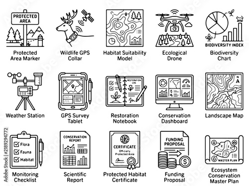 Wildlife conservation and ecology research icons, 15 environmental monitoring vector set, biodiversity protection and habitat restoration symbols