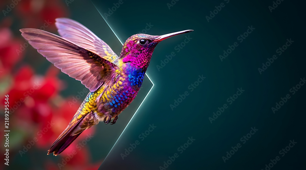 Obraz premium Vibrant hummingbird hovering in mid-air against a dark blurred floral background